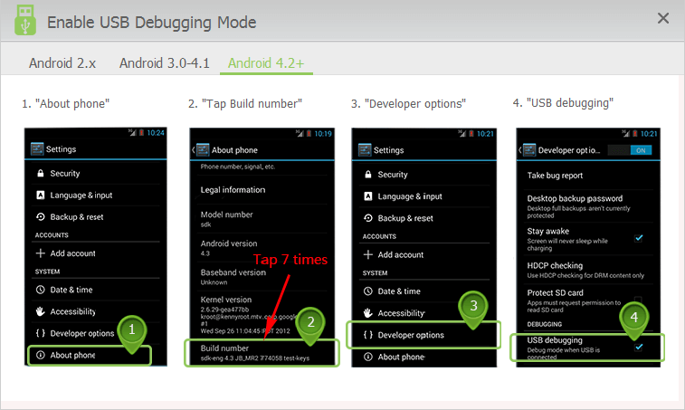 enable USB debugging mode on Android 4.2