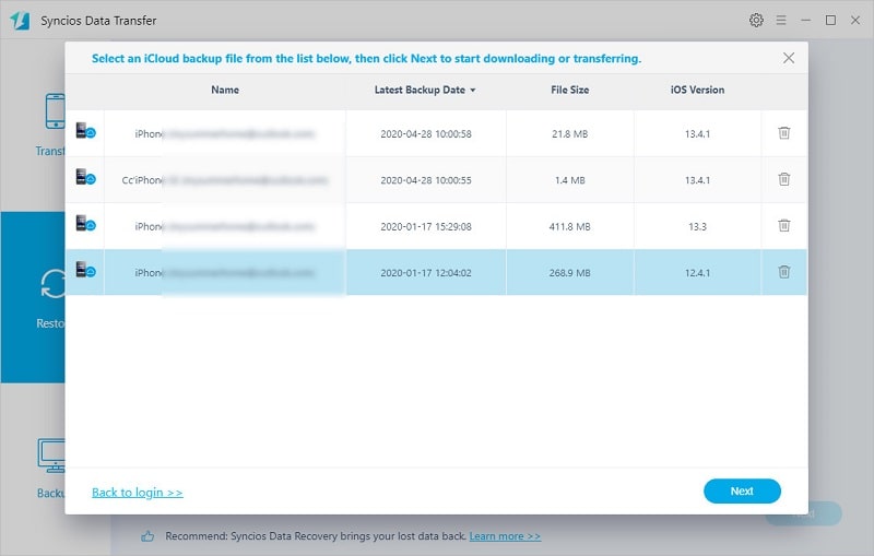 choose iCloud backup to download