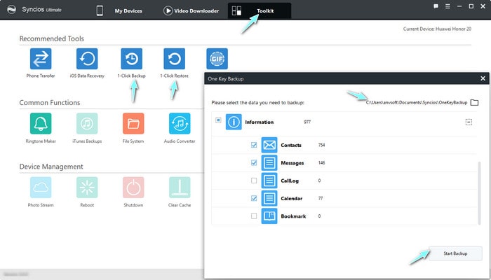 Syncios Manager One-Click backup and restrore.