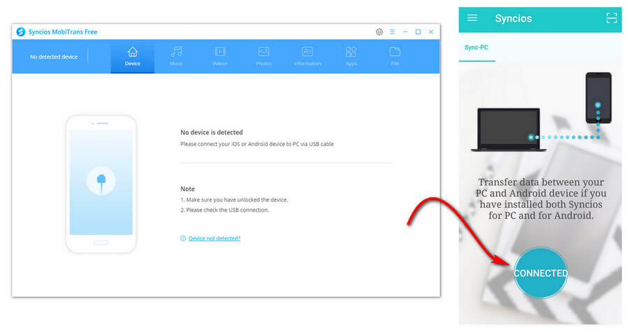 main interface of syncios mobitrans