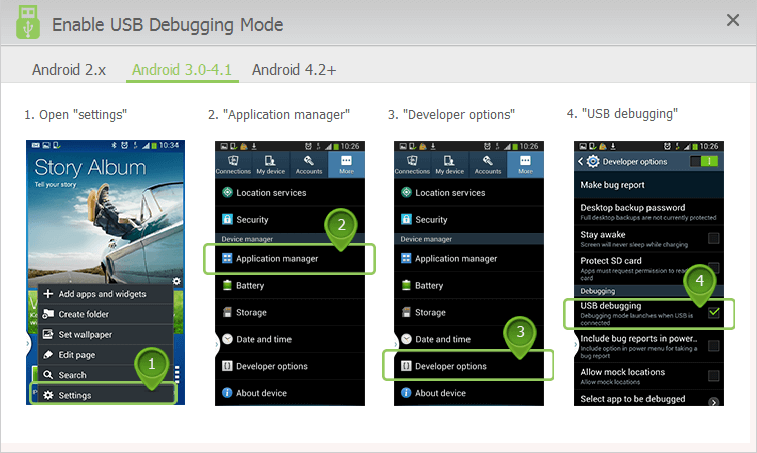 enable USB debugging mode on Android 3 to 4.1